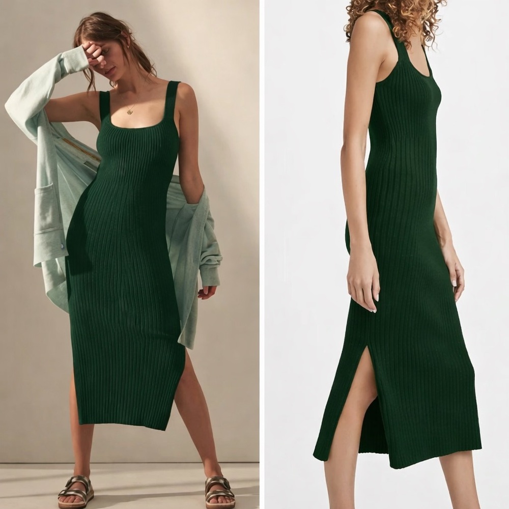 Wayf Gillian Ribbed Tank Dress Forest Green Ribbed Midi Dress Size XS